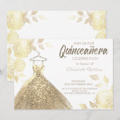 Goud roos maakt gouden kleding uit Quinceañera Inv Kaart (Voorkant / Achterkant)