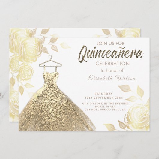 Goud roos maakt gouden kleding uit Quinceañera Inv Kaart (Voorkant / Achterkant)