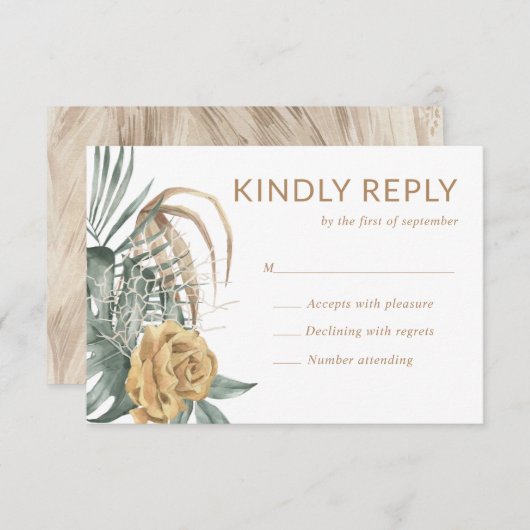 Goud Roos Monstera Palm Tropische Oase Bruiloft RSVP Kaartje (Voorkant / Achterkant)