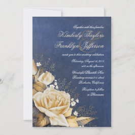 Goud Roos  Navy Bloemen Huwelijk Kaart