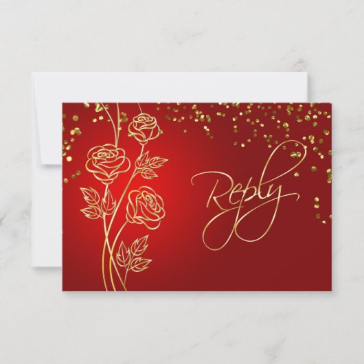 Goud roos op rode, confetti Wedding RSVP (Voorkant)