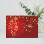 Goud roos op rode, confetti Wedding RSVP (Staand voorkant)