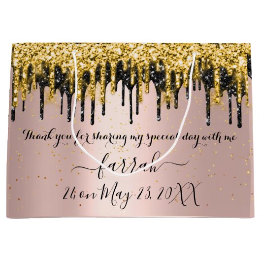 Goud Roos Zwart Drips Favor Bruids Grote Gift Bag Groot Cadeauzakje (Voorkant)