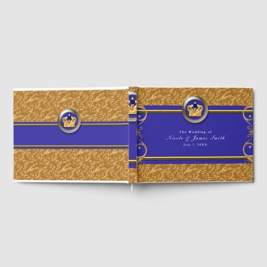 Goud & Royal Blauw Kroon Bruiloft Elegant Party Gastenboek (Volledig)