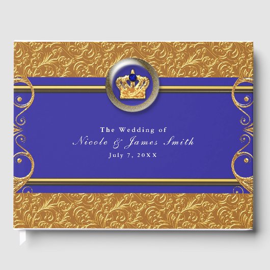 Goud & Royal Blauw Kroon Bruiloft Elegant Party Gastenboek (Voorkant)