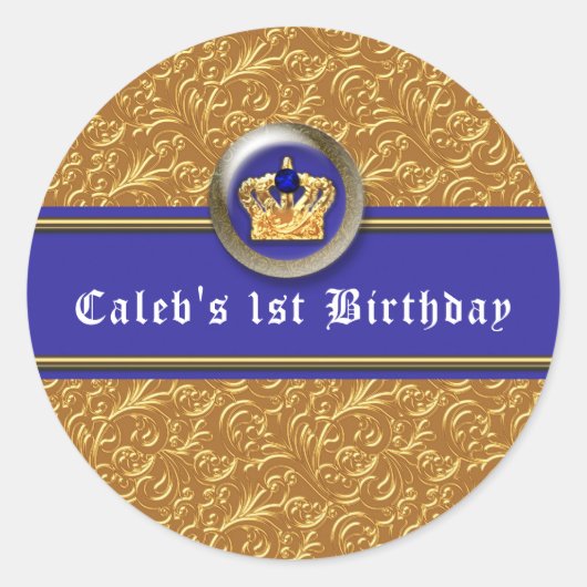 Goud & Royal Blauw Kroon Verjaardagsfeestje Ronde Sticker (Voorkant)