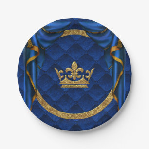 Goud & Royal Blue Crown & Drapes Verjaardagsfeest Papieren Bordje