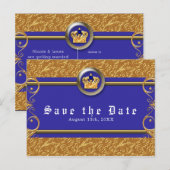 Goud & Royal Blue Crown Elegant Glam Save the Date Aankondigingskaart (Voorkant / Achterkant)
