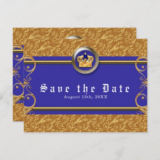 Goud & Royal Blue Crown Elegant Glam Save the Date Aankondigingskaart (Voorkant / Achterkant)