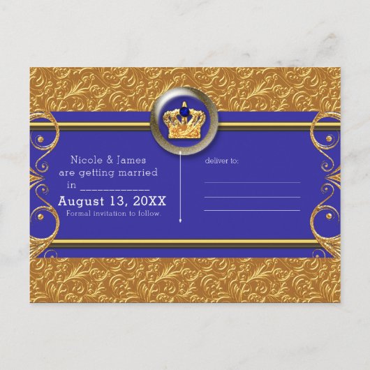 Goud & Royal Blue Crown Elegant Glam Save the Date Aankondigingskaart (Achterkant)