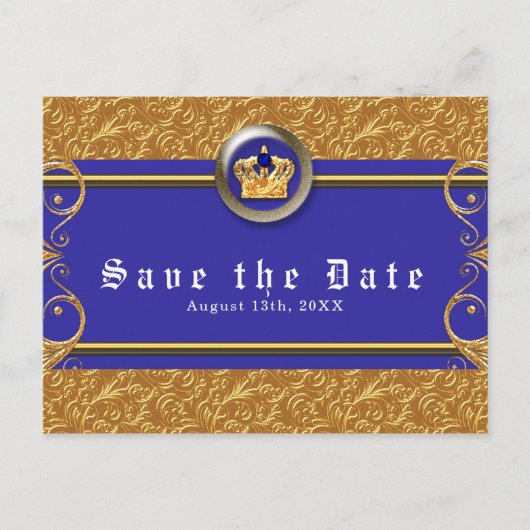 Goud & Royal Blue Crown Elegant Glam Save the Date Aankondigingskaart (Voorkant)