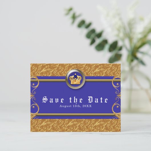 Goud & Royal Blue Crown Elegant Glam Save the Date Aankondigingskaart (Staand voorkant)