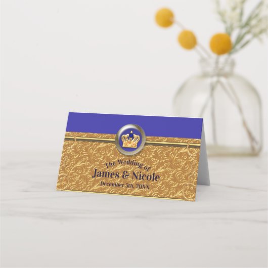 Goud & Royal Blue Crown Party Tafelnummer Plaatskaartje (Voorkant)