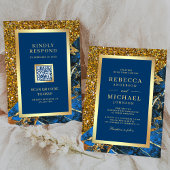 Goud Royal Blue Marble QR Code Wedding Kaart