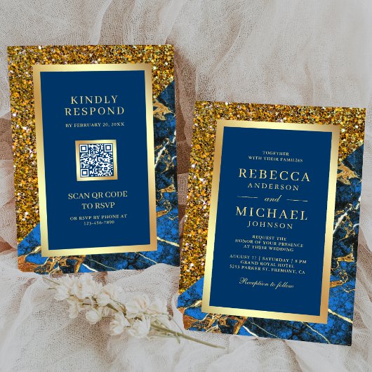 Goud Royal Blue Marble QR Code Wedding Kaart