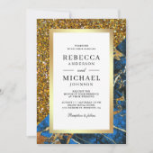 Goud Royal Blue Marble QR Code White Wedding Kaart (Voorkant)