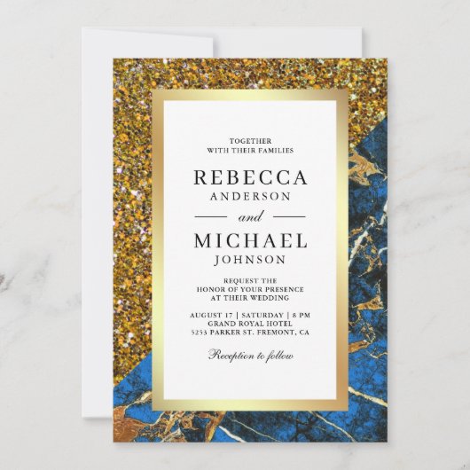 Goud Royal Blue Marble QR Code White Wedding Kaart (Voorkant)