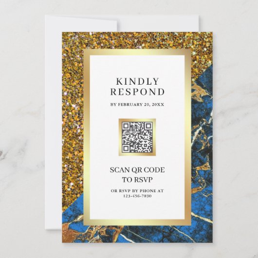 Goud Royal Blue Marble QR Code White Wedding Kaart (Achterkant)