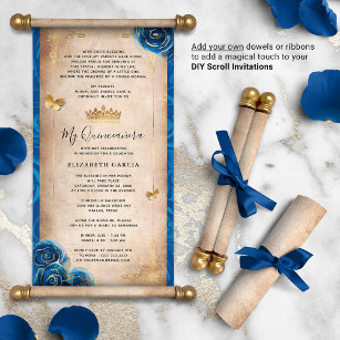Goud Royal Blue Quinceanera DIY Scroll uitnodiging