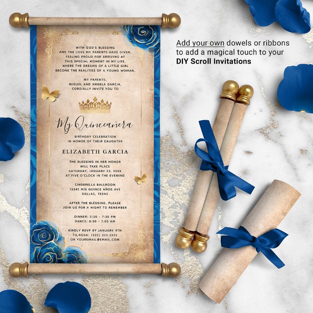 Goud Royal Blue Quinceanera DIY Scroll uitnodiging (DIY scrolls do not come with dowels. Add your own or roll up with a ribbon for an elegant touch!)