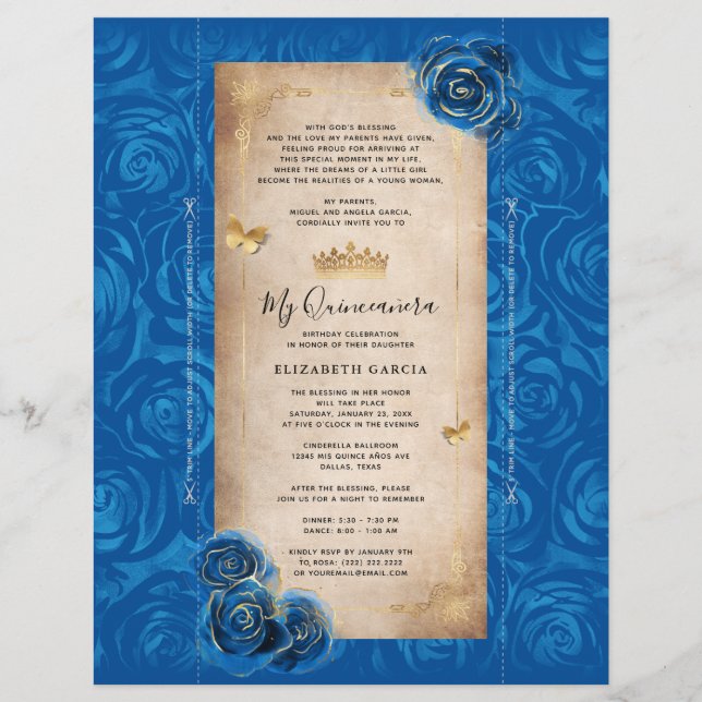 Goud Royal Blue Quinceanera DIY Scroll uitnodiging (Voorkant)