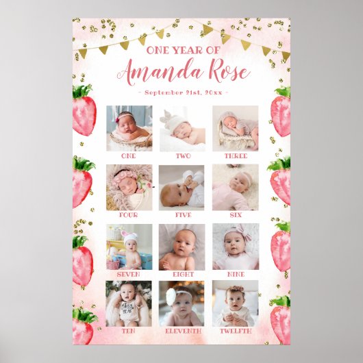 Goud Roze Aardbei Eerste Jaar Foto Collage Poster (Voorkant)