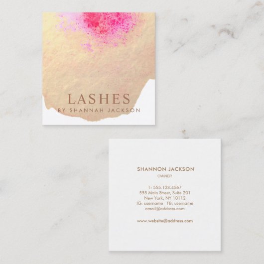 Goud Roze Abstract Waterverf Lash Extensions Vierkante Visitekaartje (Voorkant / Achterkant)