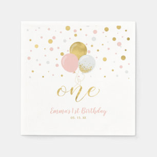 Goud & Roze Ballonnen, Confetti Meisje 1e Verjaa Servet