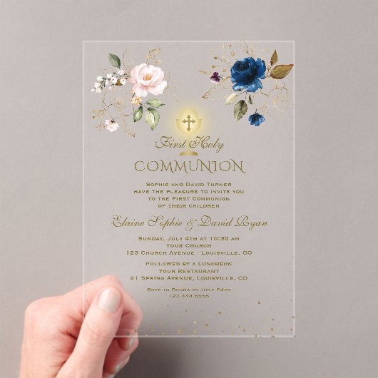 Goud Roze Blauw Bloemen Tweeling Eerste Heilige Co Acryl Uitnodigingen (Insitu (Draagbaar))
