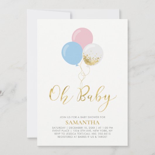 Goud, roze, blauwe ballonnen | O BABY BABY SHOWER Kaart (Voorkant)
