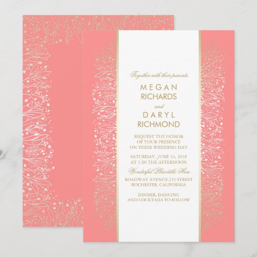 Goud Roze Bloemen - Botanische bruiloft Kaart (Voorkant / Achterkant)