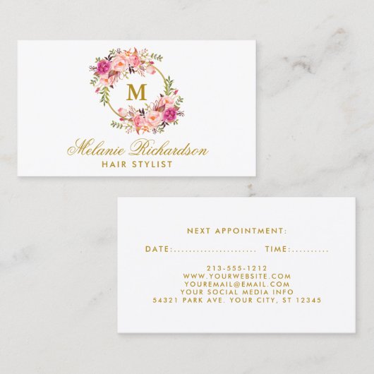 Goud Roze Bloemen Haar Stylist Afspraakkaart M Afsprakenkaartje (Voorkant / Achterkant)