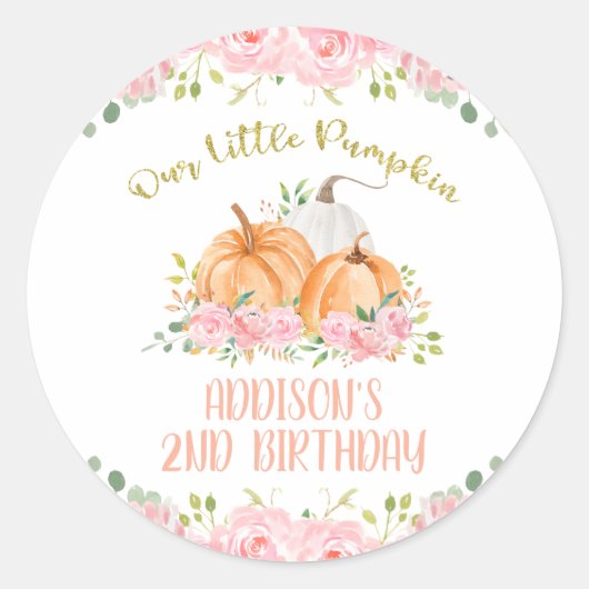 Goud Roze Bloemen Pompoen Verjaardagsfeestje Ronde Sticker (Voorkant)