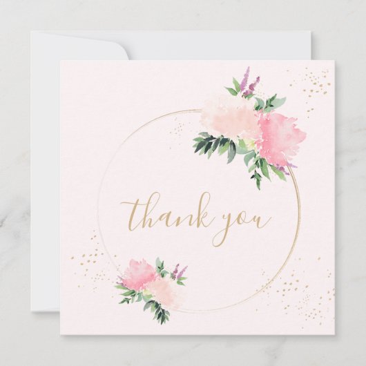 Goud Roze Bloemen Romantische Bruiloft Bedankkaart (Voorkant)