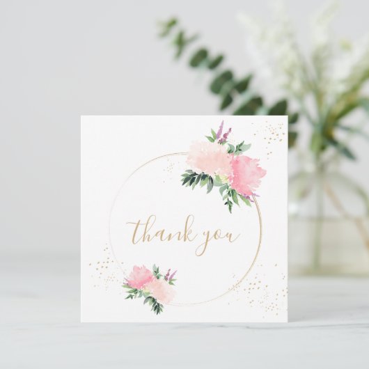 Goud Roze Bloemen Verjaardag Flat Dank u kaart (Staand voorkant)