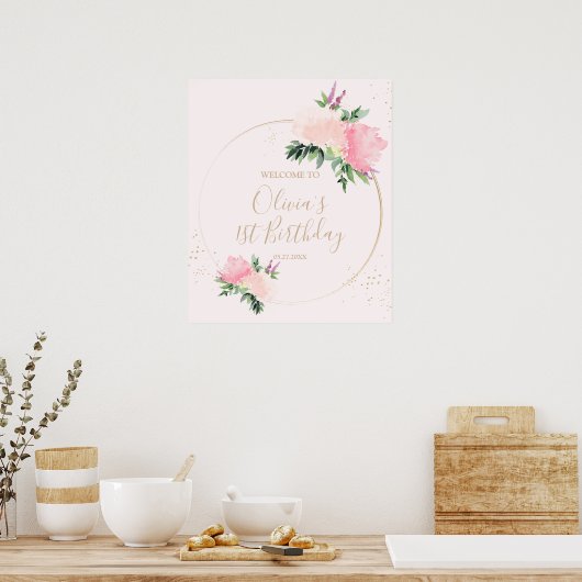 Goud Roze Bloemen Verjaardag Welkom Poster (Keuken)
