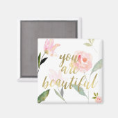 Goud Roze Bloemen Waterverf Je bent mooi Magneet (Voorkant / Achterkant)