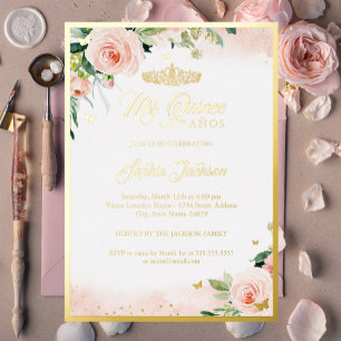 Goud Roze Bloemige Quinceanera Verjaardag Folie Uitnodiging