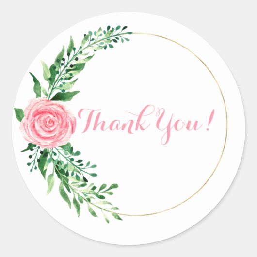 Goud Roze Bloemige Waterverf Elegante Dank Je Ronde Sticker (Voorkant)