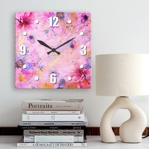 goud roze bloemige waterverf romantisch chic vierkante klok