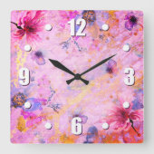  goud roze bloemige waterverf romantisch chic vierkante klok (Voorkant)