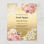 Goud roze bloemstukken 50e verjaardag uitnodiging (Voorkant)