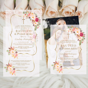 Goud Roze Blush Bloemen 1e Verjaardag Doop Vellum Uitnodigingen