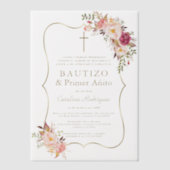 Goud Roze Blush Bloemen 1e Verjaardag Doop Vellum Uitnodigingen (Voorkant)