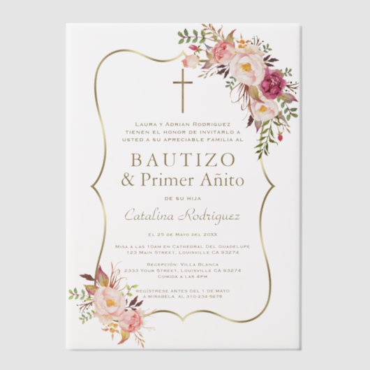 Goud Roze Blush Bloemen 1e Verjaardag Doop Vellum Uitnodigingen (Voorkant)