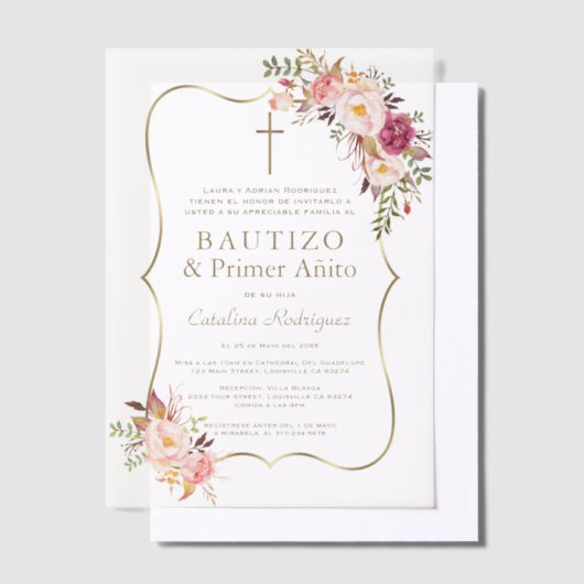 Goud Roze Blush Bloemen 1e Verjaardag Doop Vellum Uitnodigingen (Offset)