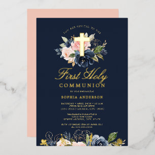 Goud Roze Blush Marine Bloemen Meisjes Eerste Comm Folie Uitnodiging