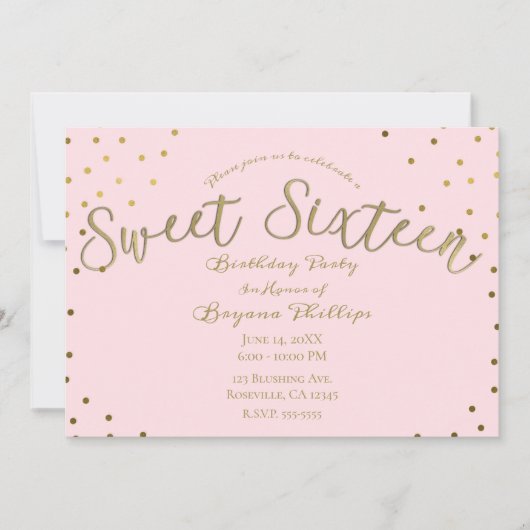 Goud & Roze Blush Modern Sweet 16 Verjaardagsfeest Kaart (Voorkant)