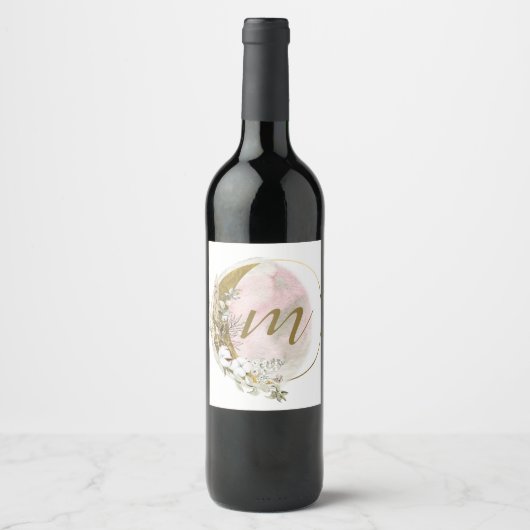 Goud Roze Blush Monogram Waterverf Hemels Zakelijk Wijn Etiket (Voorkant)