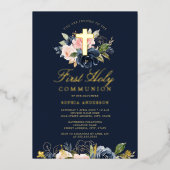 Goud Roze Blush Navy Bloemen Meisjes Eerste Commun Folie Uitnodiging (Voorkant)